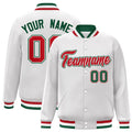 Custom White & Red Striped Trim Satin Full-Snap Varsity Jacket - front view