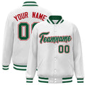 Custom White & Green Striped Trim Satin Full-Snap Varsity Jacket - front view