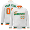 Personalized White & Green & Orange Striped Trim Satin Full-Snap Varsity Jacket - front view