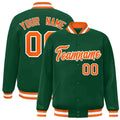 Custom Green & Orange & White Striped Trim Satin Full-Snap Varsity Jacket - front view