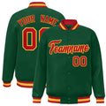 Custom Green & Red & Gold Striped Trim Satin Full-Snap Varsity Jacket - front view