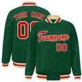 Personalized Green & Red & Khaki Striped Trim Satin Full-Snap Varsity Jacket - front view