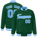 Custom Green & Powder Blue & White Striped Trim Satin Full-Snap Varsity Jacket - front view