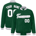 Custom Green & White & Gray Striped Trim Satin Full-Snap Varsity Jacket - front view