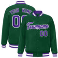 Personalized Green & Purple & White Striped Trim Satin Full-Snap Varsity Jacket - front view