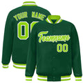 Custom Green & Neon Green & White Striped Trim Satin Full-Snap Varsity Jacket - front view