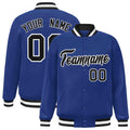 Personalized Royal Blue & Black & White Striped Trim Satin Full-Snap Varsity Jacket - front view
