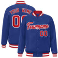 Custom Royal Blue & Red & White Striped Trim Satin Full-Snap Varsity Jacket - front view