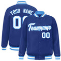 Custom Royal Blue & White & Powder Blue Striped Trim Satin Full-Snap Varsity Jacket - front view
