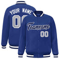 Custom Royal Blue & Navy & White Striped Trim Satin Full-Snap Varsity Jacket - front view