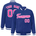 Custom Royal Blue & Pink & White Striped Trim Satin Full-Snap Varsity Jacket - front view