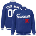 Personalized Royal Blue & White Striped Trim Satin Full-Snap Varsity Jacket - front view