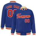 Custom Royal Blue & Red & Khaki Striped Trim Satin Full-Snap Varsity Jacket - front view