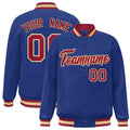 Personalized Royal Blue & Crimson & Khaki Striped Trim Satin Full-Snap Varsity Jacket - front view