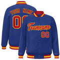 Custom Royal Blue & Red & Gold Striped Trim Satin Full-Snap Varsity Jacket - front view