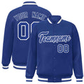 Custom Royal Blue & White Striped Trim Satin Full-Snap Varsity Jacket - front view