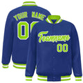 Custom Royal Blue & Neon Green & White Striped Trim Satin Full-Snap Varsity Jacket - front view