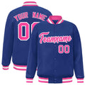 Custom Royal Blue & Pink & White Striped Trim Satin Full-Snap Varsity Jacket - front view