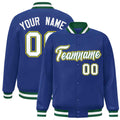 Personalized Royal Blue & White & Green Striped Trim Satin Full-Snap Varsity Jacket - front view