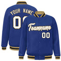 Custom Royal Blue & White & Old Gold Striped Trim Satin Full-Snap Varsity Jacket - front view