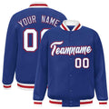 Custom Royal Blue & White Striped Trim Satin Full-Snap Varsity Jacket - front view