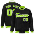 Custom Black & Neon Green & White Striped Trim Satin Full-Snap Varsity Jacket - front view