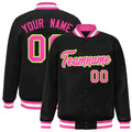 Personalized Black & Pink & White Striped Trim Satin Full-Snap Varsity Jacket - front view