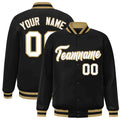 Custom Black & White & Old Gold Striped Trim Satin Full-Snap Varsity Jacket - front view