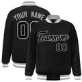 Custom Black & Gray Striped Trim Satin Full-Snap Varsity Jacket - front view