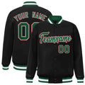 Personalized Black & Green & White Striped Trim Satin Full-Snap Varsity Jacket - front view