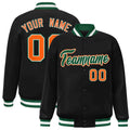 Custom Black & Green & White Striped Trim Satin Full-Snap Varsity Jacket - front view