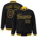 Custom Black & Gold Striped Trim Satin Full-Snap Varsity Jacket - front view