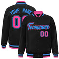 Personalized Black & Powder Blue Striped Trim Satin Full-Snap Varsity Jacket - front view