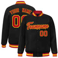 Custom Black & Red & Gold Striped Trim Satin Full-Snap Varsity Jacket - front view