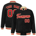 Custom Black & Red & Khaki Striped Trim Satin Full-Snap Varsity Jacket - front view