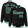 Personalized Black & Green & White Striped Trim Satin Full-Snap Varsity Jacket - front view