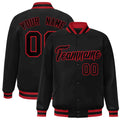 Custom Black & Red Striped Trim Satin Full-Snap Varsity Jacket - front view