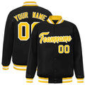 Custom Black & Gold & White Striped Trim Satin Full-Snap Varsity Jacket - front view