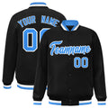 Personalized Black & Powder Blue & White Striped Trim Satin Full-Snap Varsity Jacket - front view