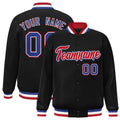 Custom Black & Red & White Striped Trim Satin Full-Snap Varsity Jacket - front view