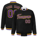 Personalized Black & Purple & Gold Striped Trim Satin Full-Snap Varsity Jacket - front view