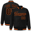 Custom Black & Orange Striped Trim Satin Full-Snap Varsity Jacket - front view