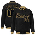 Custom Black & Old Gold Striped Trim Satin Full-Snap Varsity Jacket - front view
