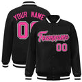 Personalized Black & Pink Striped Trim Satin Full-Snap Varsity Jacket - front view