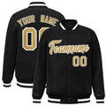 Custom Black & Old Gold & White Striped Trim Satin Full-Snap Varsity Jacket - front view
