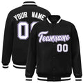 Custom Black & White & Purple Striped Trim Satin Full-Snap Varsity Jacket - front view