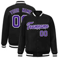 Personalized Black & Purple & White Striped Trim Satin Full-Snap Varsity Jacket - front view