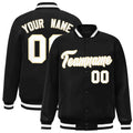 Custom Black & White & Khaki Striped Trim Satin Full-Snap Varsity Jacket - front view