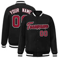 Custom Black & Crimson Striped Trim Satin Full-Snap Varsity Jacket - front view