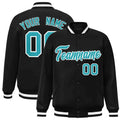 Personalized Black & Aqua & White Striped Trim Satin Full-Snap Varsity Jacket - front view